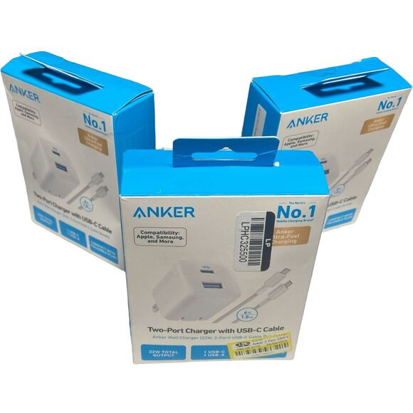 Anker 33W 2‑Port USB‑C Wall Charger + 6ft Cable White Lot of 3 NEW Box Wear - Picture 2 of 10